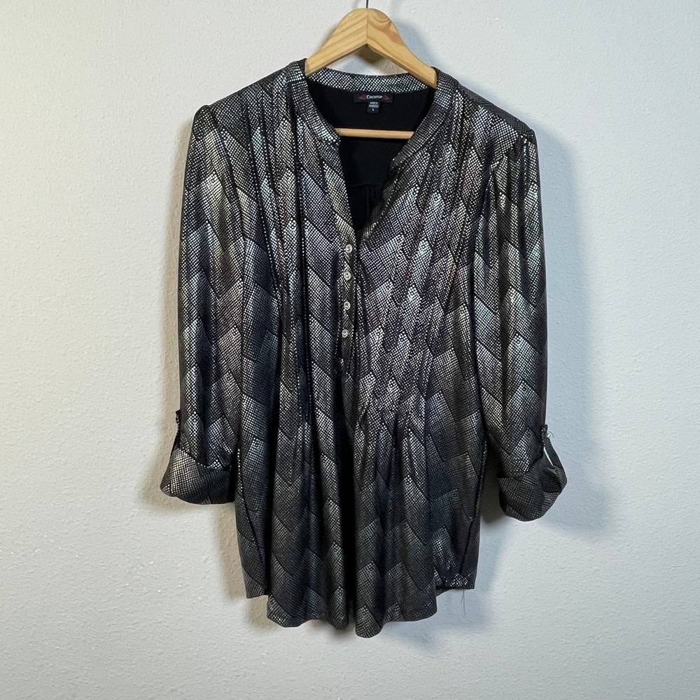 Cocomo Blouse Women L Black Silver Metallic Dot Geometric‎ Tunic Roll Tab Sleeve